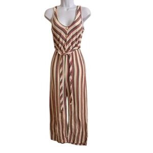 Caution To The Wind Striped Jumpsuit Women Small Button Front Tie Waist Wide Leg